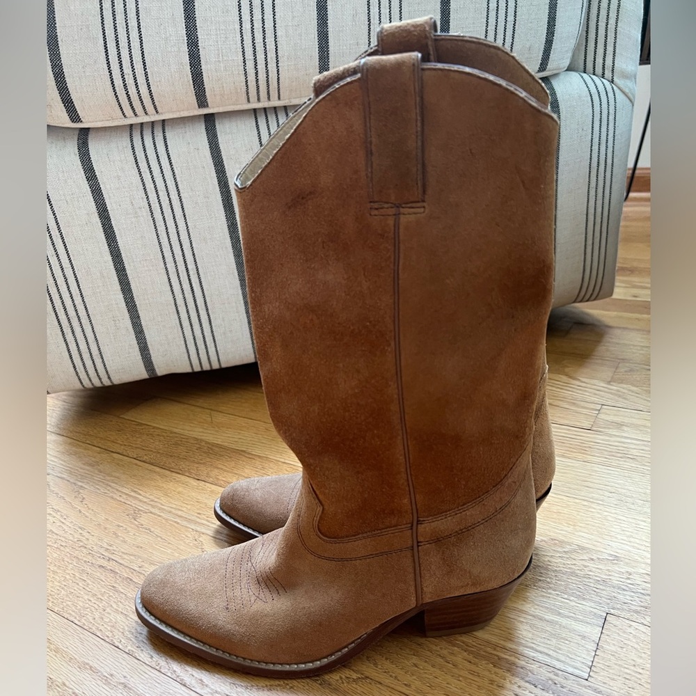 Camel suede western boots .